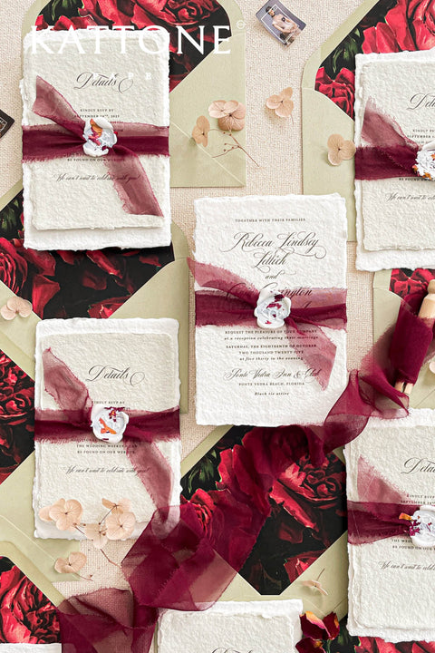 Announce your special day with the artistic charm and bohemian elegance of this deckle edge cotton rag suite. The luxurious, handmade paper adds a rich, organic texture, while the elegant calligraphy wedding stationery set provides a touch of chic sophistication. This boho chic invite is a perfect blend of modern elegance and laid-back romance, setting a warm and inviting tone for your celebration.