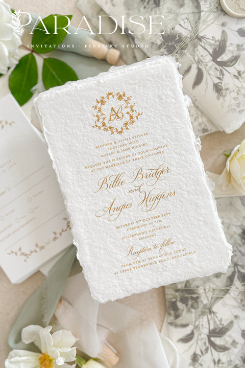 Our handmade wedding invitation suite features a custom hand-drawn monogram, printed on luxury deckled-edge cotton paper, and wrapped in translucent vellum jackets adorned with fine art floral illustrations. Each suite is finished with a silk ribbon and wax seal, blending old-world romance with modern artistry. Designed for couples who cherish attention to detail, this suite embodies elegance and craftsmanship - perfect for fine art, garden, or destination weddings.