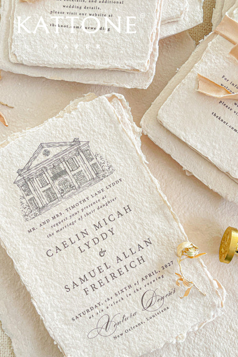 Invite your guests to your special day with the artful and personal charm of these custom wedding invitations. The unique suite features a beautiful, custom venue illustration sketch, hand-drawn by us to capture the essence of your wedding location. Designed with a light summer breeze theme and a boho chic aesthetic, this wedding stationery sets a warm, relaxed, and intimate tone for your upcoming celebration.