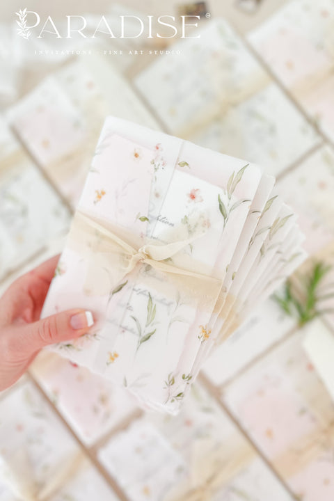 This exquisite wedding invitations suite offers a blend of natural elegance and luxurious sophistication. Perfect for a summer wedding, printed on premium fine art deckle edge paper made from soft cotton paper. This luxury wedding suite combines delicate, hand-painted details with the rich, tactile feel of artisan paper, creating a truly memorable keepsake for your guests.