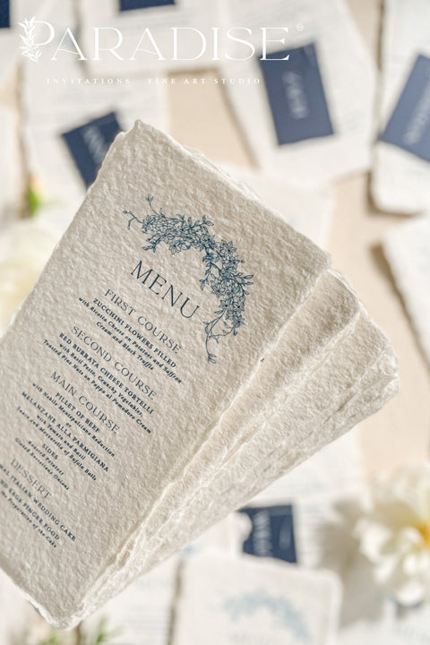 Bring timeless refinement to your reception with these handmade paper wedding menus, featuring a deep navy name tag and blue botanical artwork delicately printed on luxurious cotton paper. Each piece is hand-torn with naturally deckled edges, offering an authentic fine-art texture that perfectly complements elegant, coastal, or destination weddings. Perfectly suited for formal receptions, fine-art weddings, and refined dinner parties.