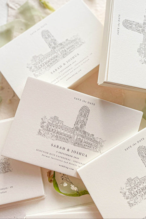 Announce your wedding day with classic sophistication through our Save the Date cards featuring a hand-drawn venue illustration. Printed on luxury textured cardstock with fine art precision, each card beautifully showcases your wedding location - from grand cathedrals to countryside estates - creating a personal and elegant keepsake.