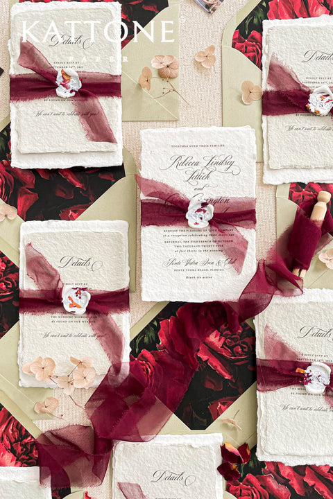 Announce your special day with the artistic charm and bohemian elegance of this deckle edge cotton rag suite. The luxurious, handmade paper adds a rich, organic texture, while the elegant calligraphy wedding stationery set provides a touch of chic sophistication. This boho chic invite is a perfect blend of modern elegance and laid-back romance, setting a warm and inviting tone for your celebration.