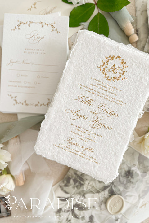Our handmade wedding invitation suite features a custom hand-drawn monogram, printed on luxury deckled-edge cotton paper, and wrapped in translucent vellum jackets adorned with fine art floral illustrations. Each suite is finished with a silk ribbon and wax seal, blending old-world romance with modern artistry. Designed for couples who cherish attention to detail, this suite embodies elegance and craftsmanship - perfect for fine art, garden, or destination weddings.