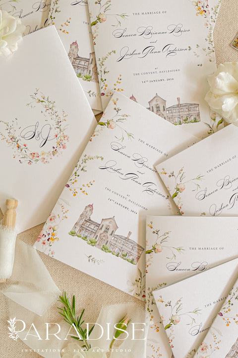 This handmade wedding program showcases your venue in a soft watercolor illustration, transforming a functional piece into a meaningful keepsake. Printed on premium fine-art paper with elegant typography, the design blends artistry and sentiment, giving your ceremony a romantic, personalized touch. Perfect for classic, garden, estate, and fine-art weddings, it elevates your details with charm, personality, and timeless style.