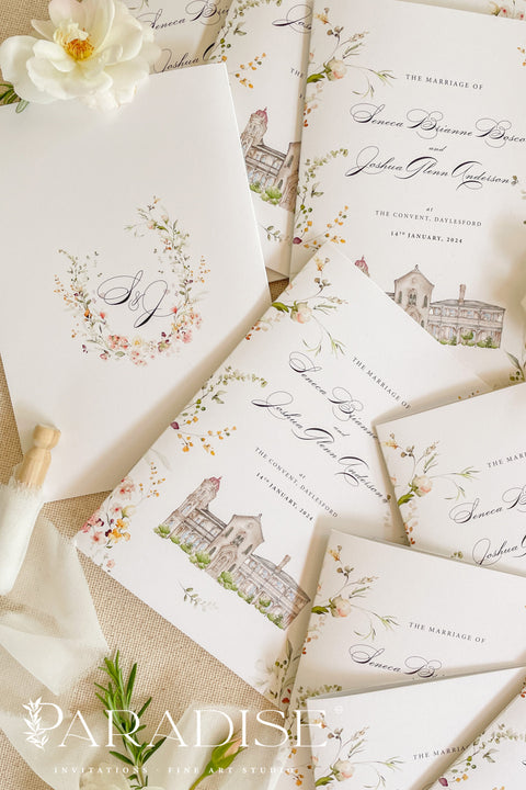 This handmade wedding program showcases your venue in a soft watercolor illustration, transforming a functional piece into a meaningful keepsake. Printed on premium fine-art paper with elegant typography, the design blends artistry and sentiment, giving your ceremony a romantic, personalized touch. Perfect for classic, garden, estate, and fine-art weddings, it elevates your details with charm, personality, and timeless style.