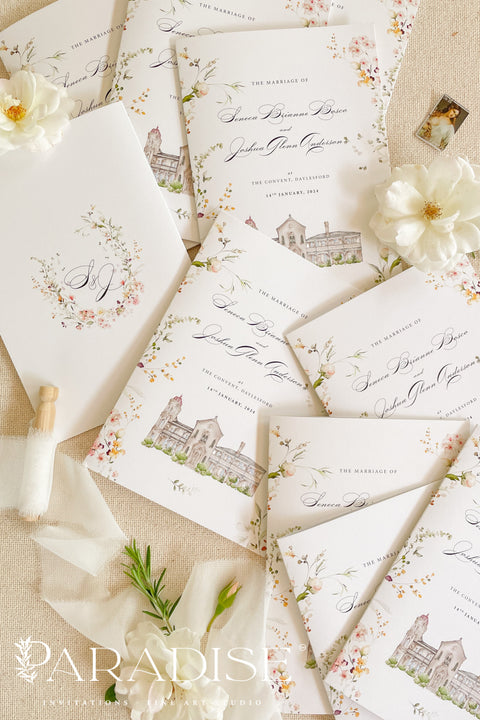 This handmade wedding program showcases your venue in a soft watercolor illustration, transforming a functional piece into a meaningful keepsake. Printed on premium fine-art paper with elegant typography, the design blends artistry and sentiment, giving your ceremony a romantic, personalized touch. Perfect for classic, garden, estate, and fine-art weddings, it elevates your details with charm, personality, and timeless style.