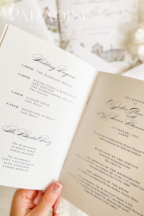 This handmade wedding program showcases your venue in a soft watercolor illustration, transforming a functional piece into a meaningful keepsake. Printed on premium fine-art paper with elegant typography, the design blends artistry and sentiment, giving your ceremony a romantic, personalized touch. Perfect for classic, garden, estate, and fine-art weddings, it elevates your details with charm, personality, and timeless style.