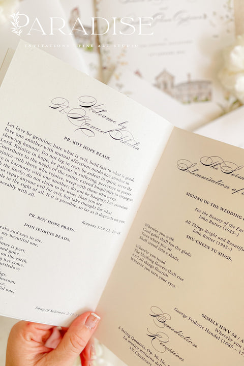 This handmade wedding program showcases your venue in a soft watercolor illustration, transforming a functional piece into a meaningful keepsake. Printed on premium fine-art paper with elegant typography, the design blends artistry and sentiment, giving your ceremony a romantic, personalized touch. Perfect for classic, garden, estate, and fine-art weddings, it elevates your details with charm, personality, and timeless style.