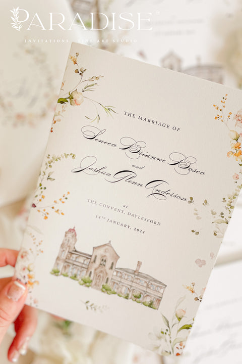 This handmade wedding program showcases your venue in a soft watercolor illustration, transforming a functional piece into a meaningful keepsake. Printed on premium fine-art paper with elegant typography, the design blends artistry and sentiment, giving your ceremony a romantic, personalized touch. Perfect for classic, garden, estate, and fine-art weddings, it elevates your details with charm, personality, and timeless style.