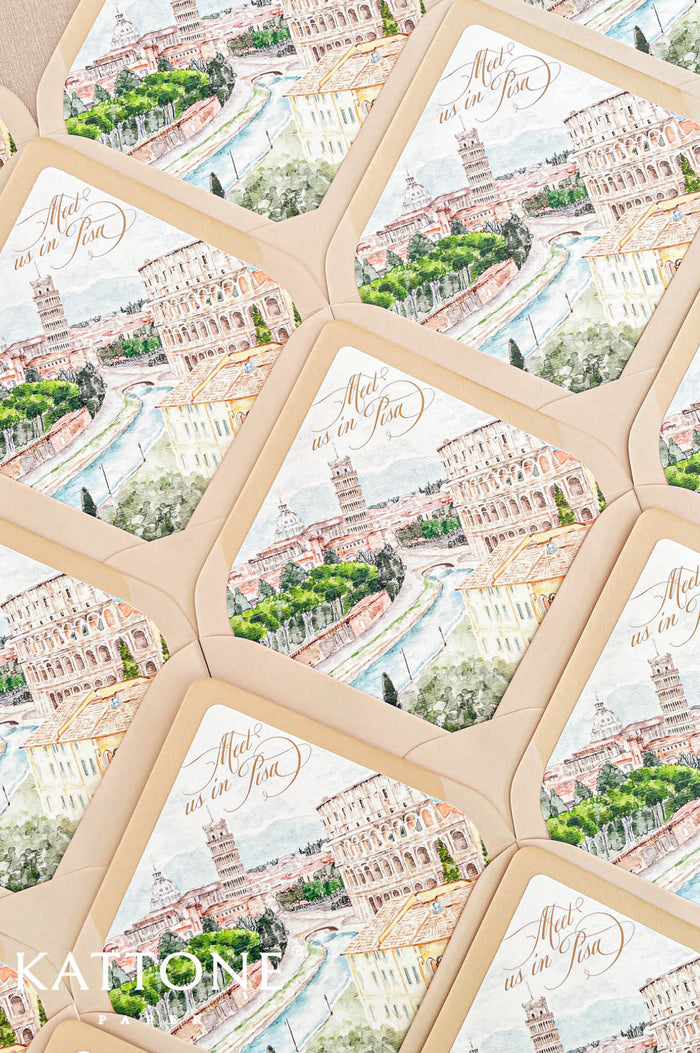 Custom envelope liners with watercolor painting of Pisa featuring elegant architecture, river views, and soft romantic colors.