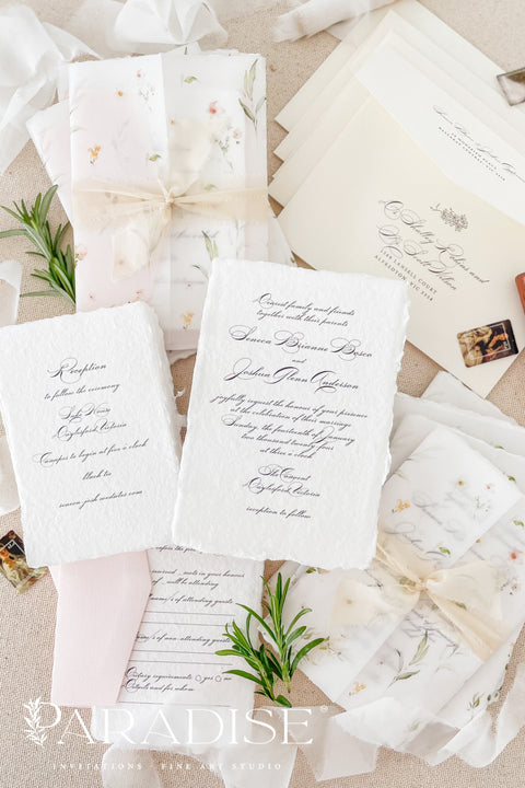 This exquisite wedding invitations suite offers a blend of natural elegance and luxurious sophistication. Perfect for a summer wedding, printed on premium fine art deckle edge paper made from soft cotton paper. This luxury wedding suite combines delicate, hand-painted details with the rich, tactile feel of artisan paper, creating a truly memorable keepsake for your guests.