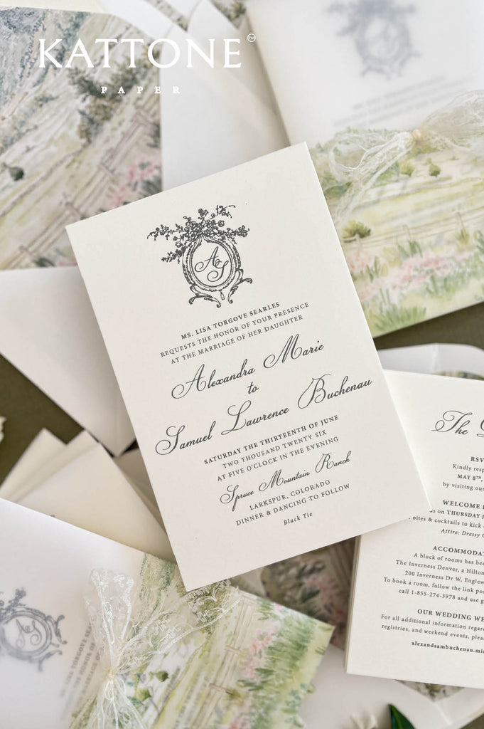 Smooth premium cardstock wedding invitation highlighting clean edges and refined texture.
