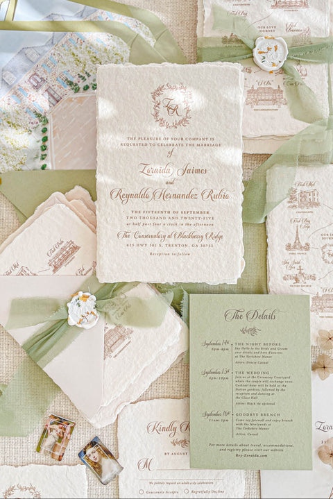 Announce your special day with a personal and artistic touch with this custom wedding invitations suite. Each invite is a true work of fine art, featuring a beautifully hand-drawn custom map illustration and a stunning watercolor wedding venue illustration. These thoughtful details guide your guests through your wedding journey and create a memorable, bespoke introduction to your celebration.