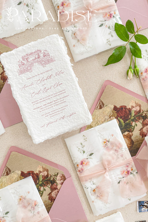 This exquisite wedding invitations suite offers a personal and artistic touch, perfect for a summer wedding. Each invitation features a custom, hand drawn venue illustration that beautifully captures the unique charm of your location. The illustration is printed on luxurious handmade cotton paper, which provides a rich, tactile feel and a timeless finish, creating a truly memorable keepsake for your guests.