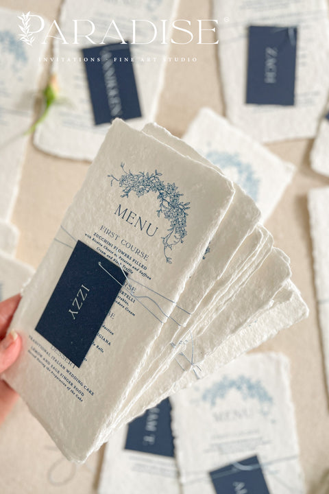 Bring timeless refinement to your reception with these handmade paper wedding menus, featuring a deep navy name tag and blue botanical artwork delicately printed on luxurious cotton paper. Each piece is hand-torn with naturally deckled edges, offering an authentic fine-art texture that perfectly complements elegant, coastal, or destination weddings. Perfectly suited for formal receptions, fine-art weddings, and refined dinner parties.