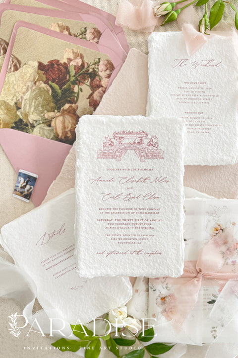 This exquisite wedding invitations suite offers a personal and artistic touch, perfect for a summer wedding. Each invitation features a custom, hand drawn venue illustration that beautifully captures the unique charm of your location. The illustration is printed on luxurious handmade cotton paper, which provides a rich, tactile feel and a timeless finish, creating a truly memorable keepsake for your guests.