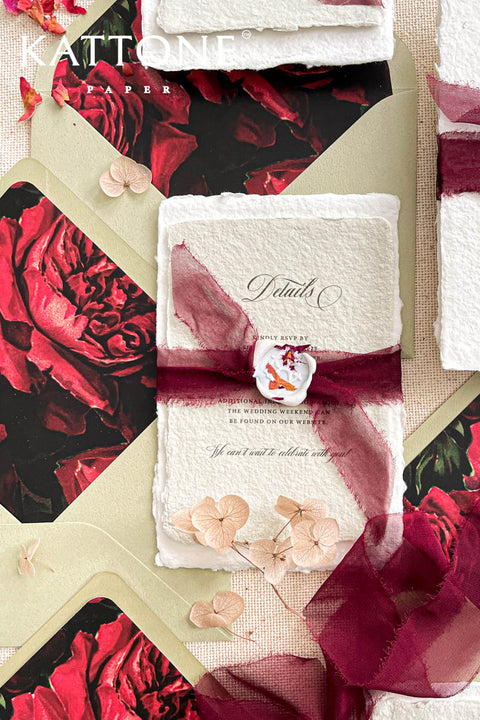 Announce your special day with the artistic charm and bohemian elegance of this deckle edge cotton rag suite. The luxurious, handmade paper adds a rich, organic texture, while the elegant calligraphy wedding stationery set provides a touch of chic sophistication. This boho chic invite is a perfect blend of modern elegance and laid-back romance, setting a warm and inviting tone for your celebration.