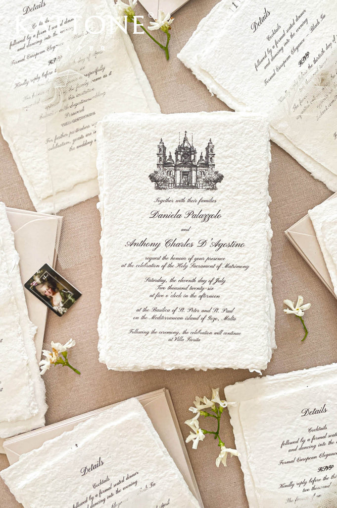 Coordinated wedding stationery suite including invitation, details cards and RSVP cards on handmade paper.