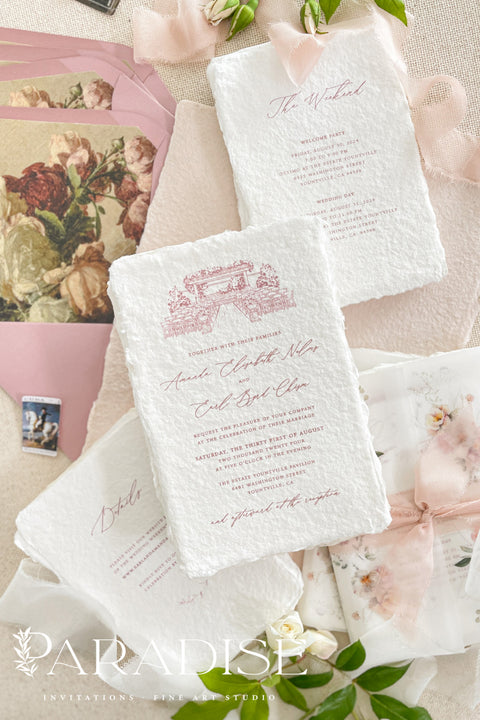 This exquisite wedding invitations suite offers a personal and artistic touch, perfect for a summer wedding. Each invitation features a custom, hand drawn venue illustration that beautifully captures the unique charm of your location. The illustration is printed on luxurious handmade cotton paper, which provides a rich, tactile feel and a timeless finish, creating a truly memorable keepsake for your guests.