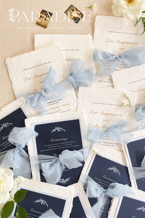Announce your special day with timeless, heartfelt style. The unique deckled edges and soft texture provide an artisan feel that is both rustic and elegant, setting a deeply romantic tone for your ceremony. Each invite is an eco-friendly choice that leaves a lasting impression on your guests.