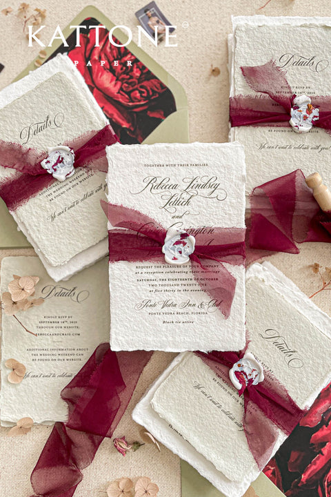 Announce your special day with the artistic charm and bohemian elegance of this deckle edge cotton rag suite. The luxurious, handmade paper adds a rich, organic texture, while the elegant calligraphy wedding stationery set provides a touch of chic sophistication. This boho chic invite is a perfect blend of modern elegance and laid-back romance, setting a warm and inviting tone for your celebration.