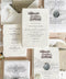 Luxury handmade paper wedding invitation suite featuring deckled edge cotton paper, custom architectural venue drawing, soft vellum wraps, personalized wax seals, weekend itinerary cards, and scenic neutral envelope liners.