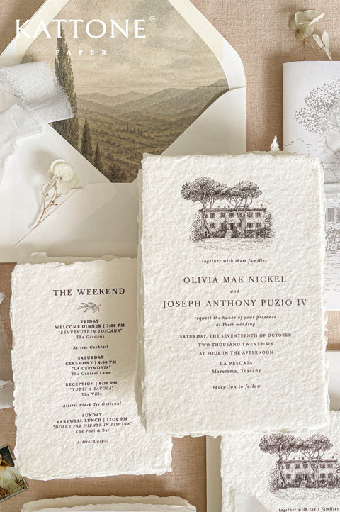 Luxury wedding invitation featuring bespoke architectural venue illustration printed on handmade paper, showcasing detailed sketch artwork in soft neutral tones.
