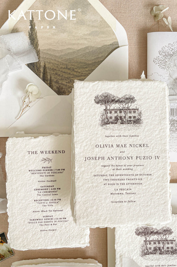 Luxury wedding invitation featuring bespoke architectural venue illustration printed on handmade paper, showcasing detailed sketch artwork in soft neutral tones.