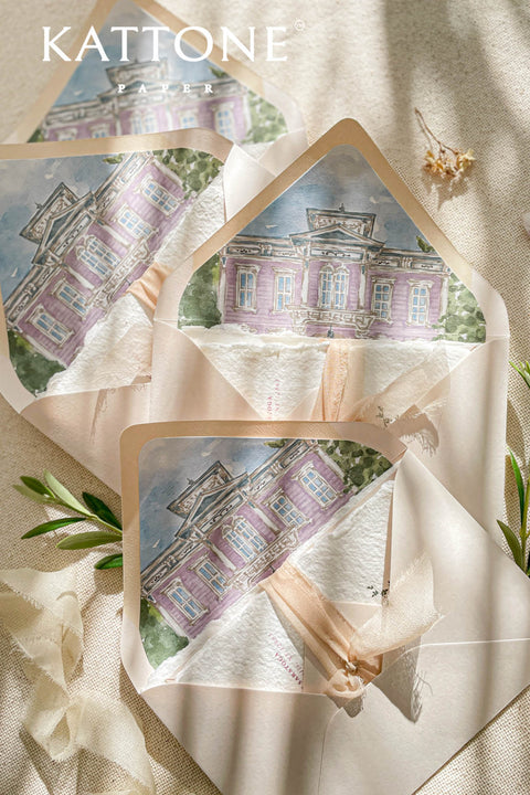 Close-up of watercolor venue illustration printed on envelope liner, showing architectural details, soft washes, and refined texture.