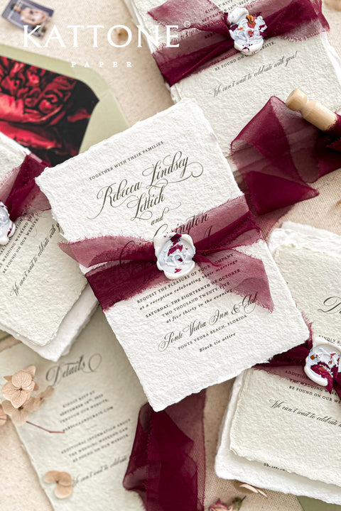 Announce your special day with the artistic charm and bohemian elegance of this deckle edge cotton rag suite. The luxurious, handmade paper adds a rich, organic texture, while the elegant calligraphy wedding stationery set provides a touch of chic sophistication. This boho chic invite is a perfect blend of modern elegance and laid-back romance, setting a warm and inviting tone for your celebration.
