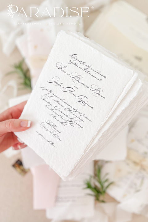 This exquisite wedding invitations suite offers a blend of natural elegance and luxurious sophistication. Perfect for a summer wedding, printed on premium fine art deckle edge paper made from soft cotton paper. This luxury wedding suite combines delicate, hand-painted details with the rich, tactile feel of artisan paper, creating a truly memorable keepsake for your guests.