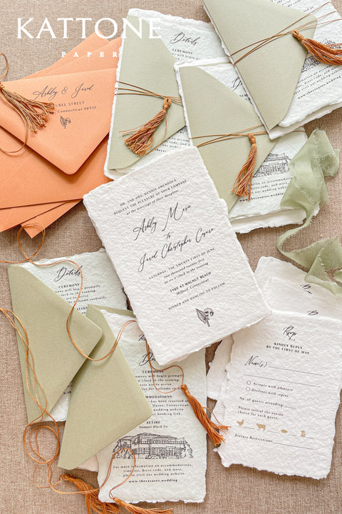 Embrace bohemian charm and natural elegance with the Juliette boho rustic stationery sets. Each handmade wedding invitation is a beautiful work of art, featuring luxurious cotton rag paper with a romantic deckle edge. To complete the bohemian feel, every suite is embellished with a delicate tassel, creating a uniquely personal and tactile experience for your guests. The combination of rustic textures and charming details makes this collection perfect for a relaxed and romantic celebration.