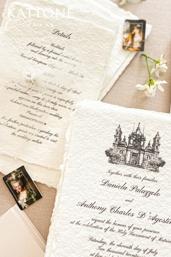 Detailed architectural illustration printed on handmade wedding invitation featuring a historic church facade.