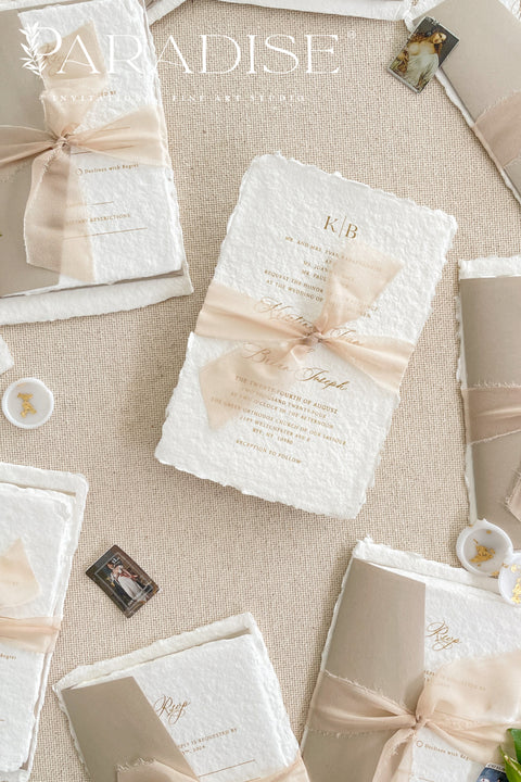 This exquisite wedding invitations suite offers a perfect blend of bohemian charm, natural texture, and elegant artistry. Each boho invites set is printed on luxurious handmade paper with a delicate deckle edge, providing a rich, tactile feel and a timeless finish. This fine art stationery is ideal for a relaxed yet sophisticated celebration, beautifully setting a warm and inviting tone for your guests.