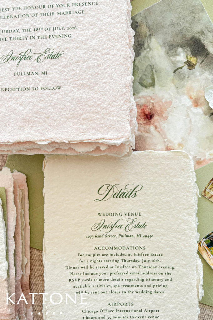 Luxury handmade paper wedding details card with elegant typography for venue, accommodations, and guest information.