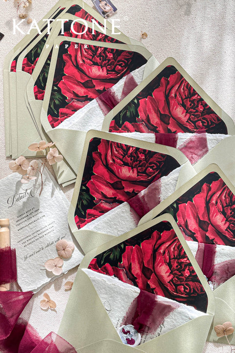 Announce your special day with the artistic charm and bohemian elegance of this deckle edge cotton rag suite. The luxurious, handmade paper adds a rich, organic texture, while the elegant calligraphy wedding stationery set provides a touch of chic sophistication. This boho chic invite is a perfect blend of modern elegance and laid-back romance, setting a warm and inviting tone for your celebration.