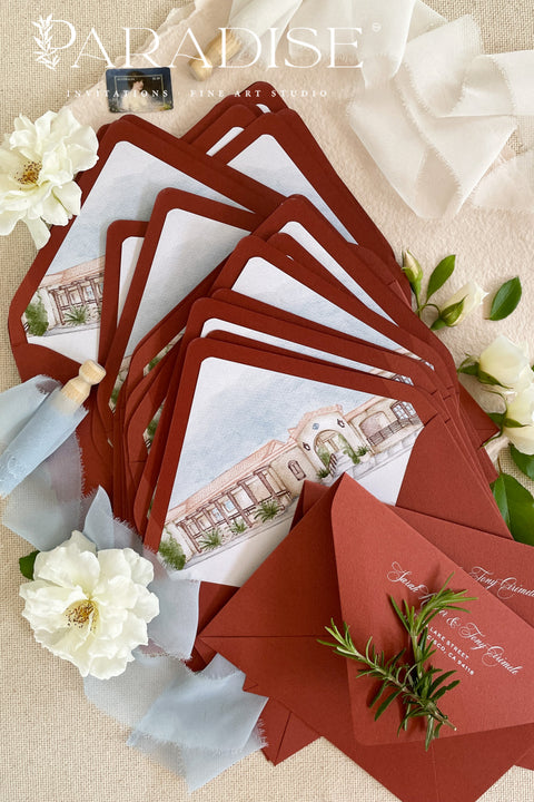 Red wedding envelopes with printed guest addresses and illustrated envelope liners, crafted from premium paper for luxury fine art invitation suites.