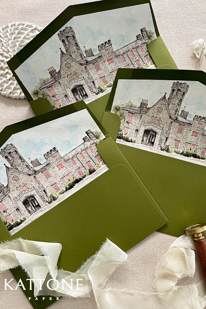Custom wedding envelope liners with elegant watercolor architectural illustration of a historic estate with castle-inspired towers.