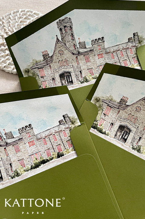 Custom wedding envelope liners with elegant watercolor architectural illustration of a historic estate with castle-inspired towers.