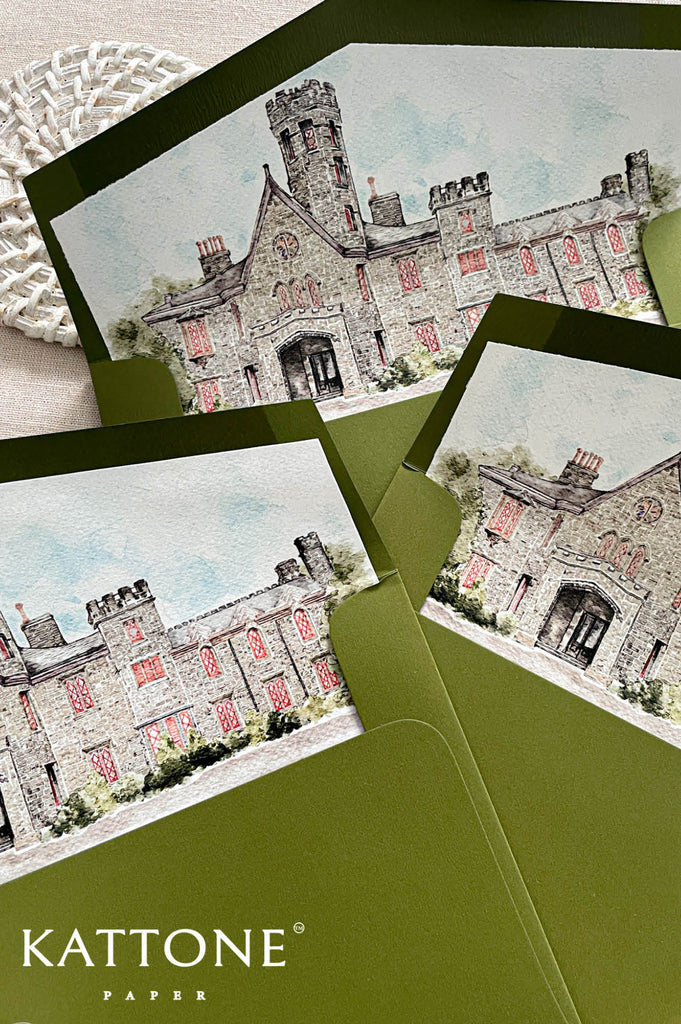 Custom wedding envelope liners with elegant watercolor architectural illustration of a historic estate with castle-inspired towers.