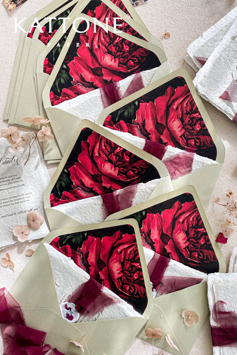 Announce your special day with the artistic charm and bohemian elegance of this deckle edge cotton rag suite. The luxurious, handmade paper adds a rich, organic texture, while the elegant calligraphy wedding stationery set provides a touch of chic sophistication. This boho chic invite is a perfect blend of modern elegance and laid-back romance, setting a warm and inviting tone for your celebration.