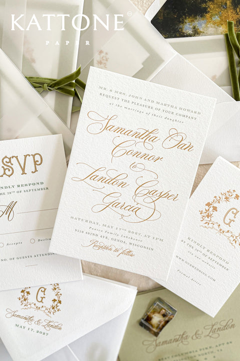 Elegant, timeless, and infused with personal charm - this wedding invitation suite was designed to announce your celebration with sophistication and warmth. Printed on luxury cotton paper. The suite features a beautifully hand-drawn monogram, symbolizing the union of two names in an artful botanical wreath. A romantic script font paired with refined serif text brings balance and grace, while vellum jackets and olive ribbons add layers of soft, organic beauty.