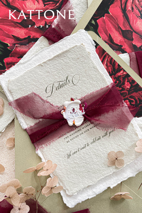 Announce your special day with the artistic charm and bohemian elegance of this deckle edge cotton rag suite. The luxurious, handmade paper adds a rich, organic texture, while the elegant calligraphy wedding stationery set provides a touch of chic sophistication. This boho chic invite is a perfect blend of modern elegance and laid-back romance, setting a warm and inviting tone for your celebration.