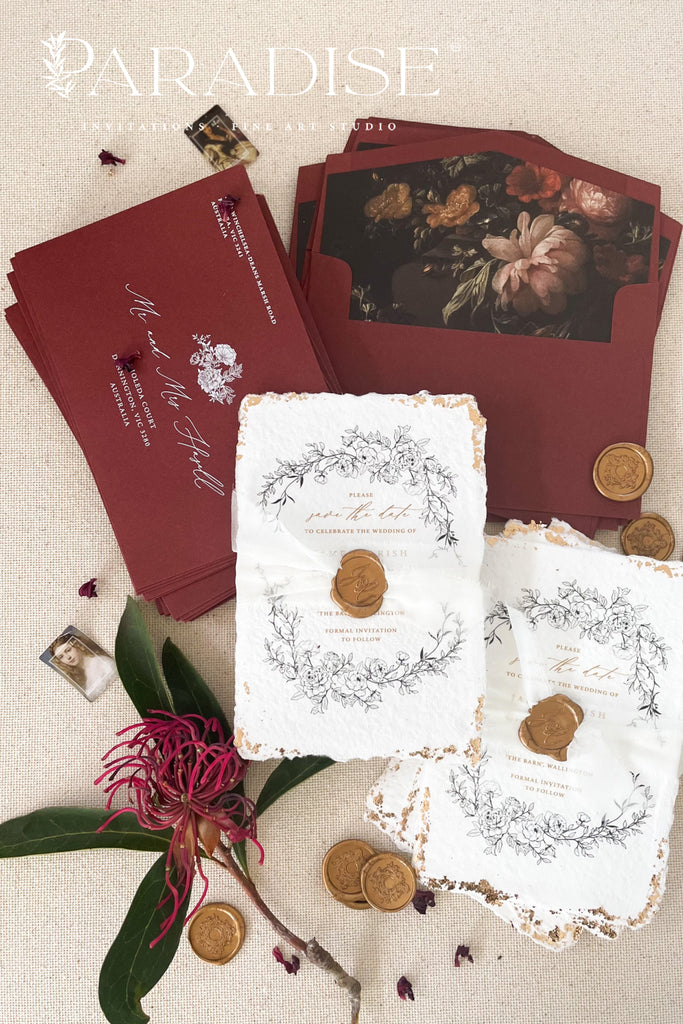 Hadley Handmade Paper Save the Date Cards and Gold Leaf