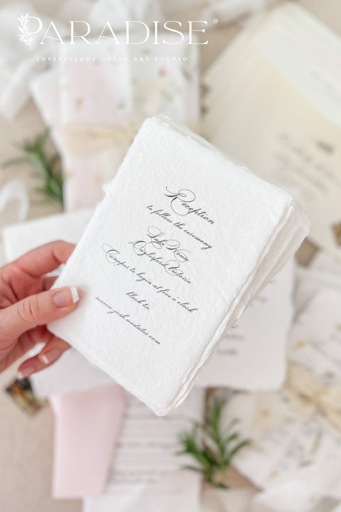 This exquisite wedding invitations suite offers a blend of natural elegance and luxurious sophistication. Perfect for a summer wedding, printed on premium fine art deckle edge paper made from soft cotton paper. This luxury wedding suite combines delicate, hand-painted details with the rich, tactile feel of artisan paper, creating a truly memorable keepsake for your guests.