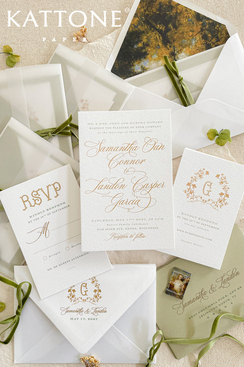 Elegant, timeless, and infused with personal charm - this wedding invitation suite was designed to announce your celebration with sophistication and warmth. Printed on luxury cotton paper. The suite features a beautifully hand-drawn monogram, symbolizing the union of two names in an artful botanical wreath. A romantic script font paired with refined serif text brings balance and grace, while vellum jackets and olive ribbons add layers of soft, organic beauty.
