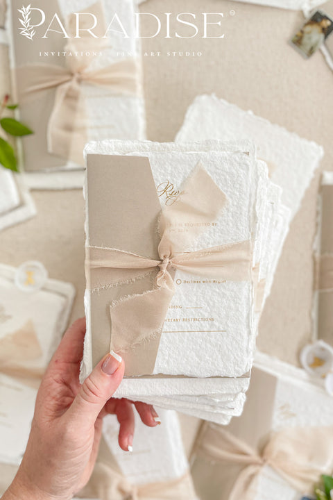 This exquisite wedding invitations suite offers a perfect blend of bohemian charm, natural texture, and elegant artistry. Each boho invites set is printed on luxurious handmade paper with a delicate deckle edge, providing a rich, tactile feel and a timeless finish. This fine art stationery is ideal for a relaxed yet sophisticated celebration, beautifully setting a warm and inviting tone for your guests.