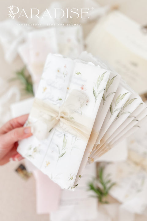 This exquisite wedding invitations suite offers a blend of natural elegance and luxurious sophistication. Perfect for a summer wedding, printed on premium fine art deckle edge paper made from soft cotton paper. This luxury wedding suite combines delicate, hand-painted details with the rich, tactile feel of artisan paper, creating a truly memorable keepsake for your guests.