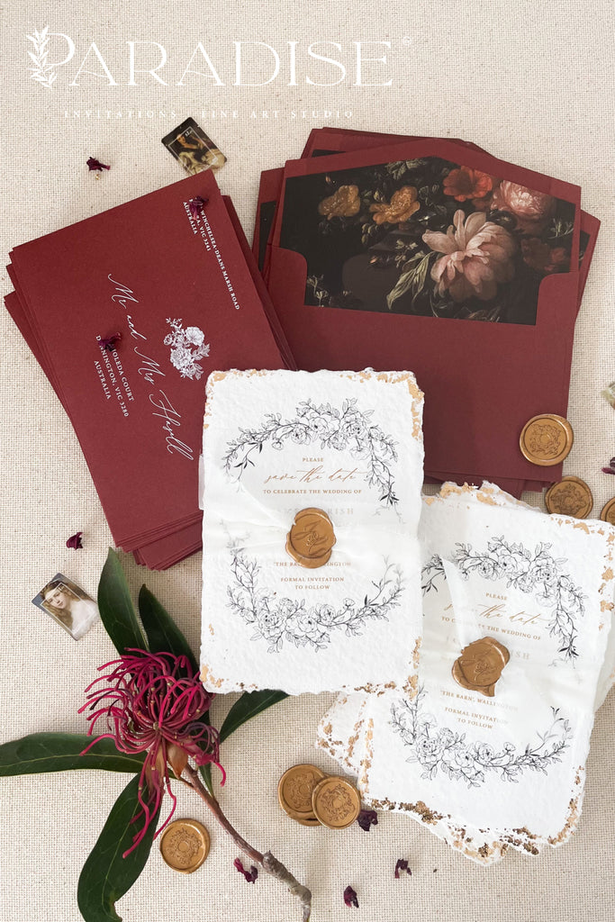 Hadley Handmade Paper Save the Date Cards and Gold Leaf